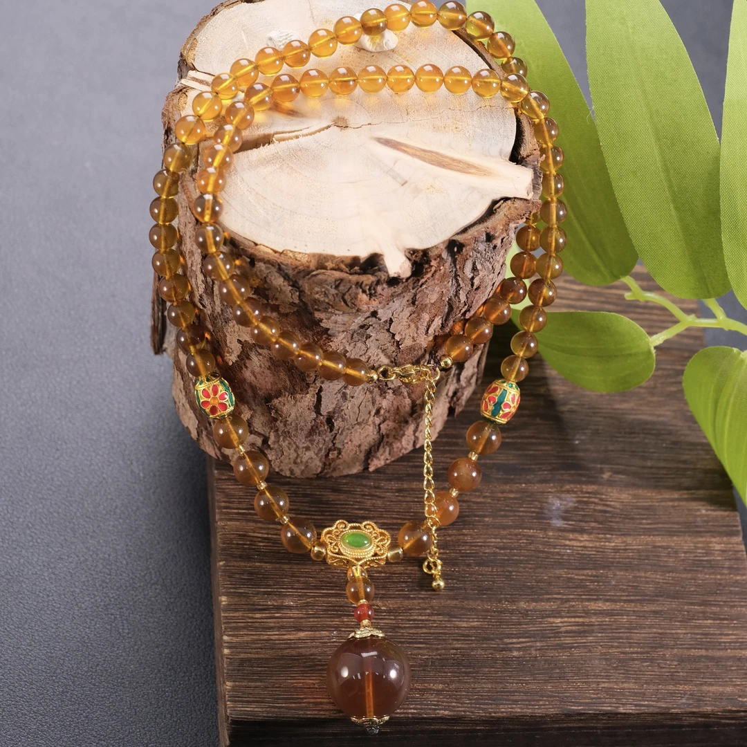 高定珠宝精选DIY琥珀单珠吊坠气质圆珠项链-x439