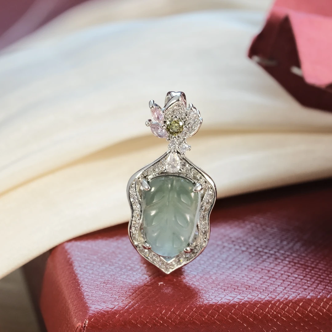 高定珠宝蓝水翡翠叶子吊坠-f783合金