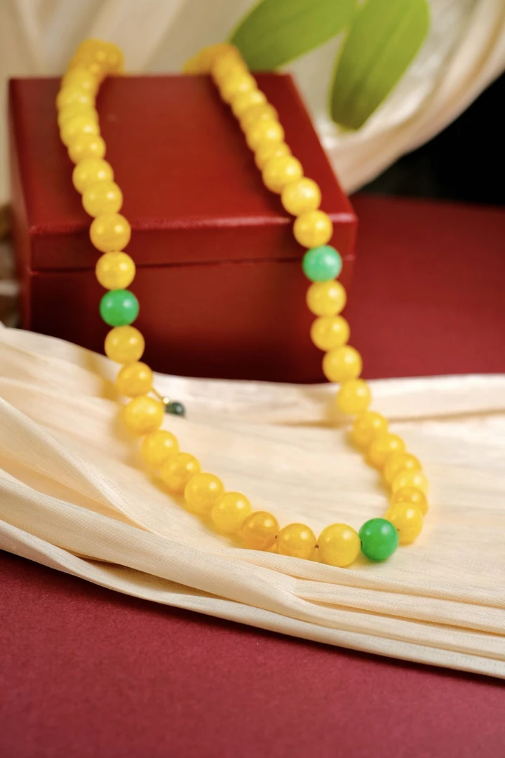 高定珠宝蓝水翡翠单珠田黄珠珠项链-x469合金