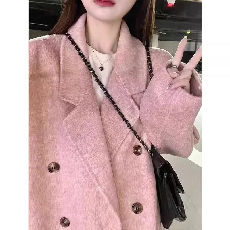 粉色双面呢毛呢大衣女秋冬季2025新款高级感正肩外套呢子小个子