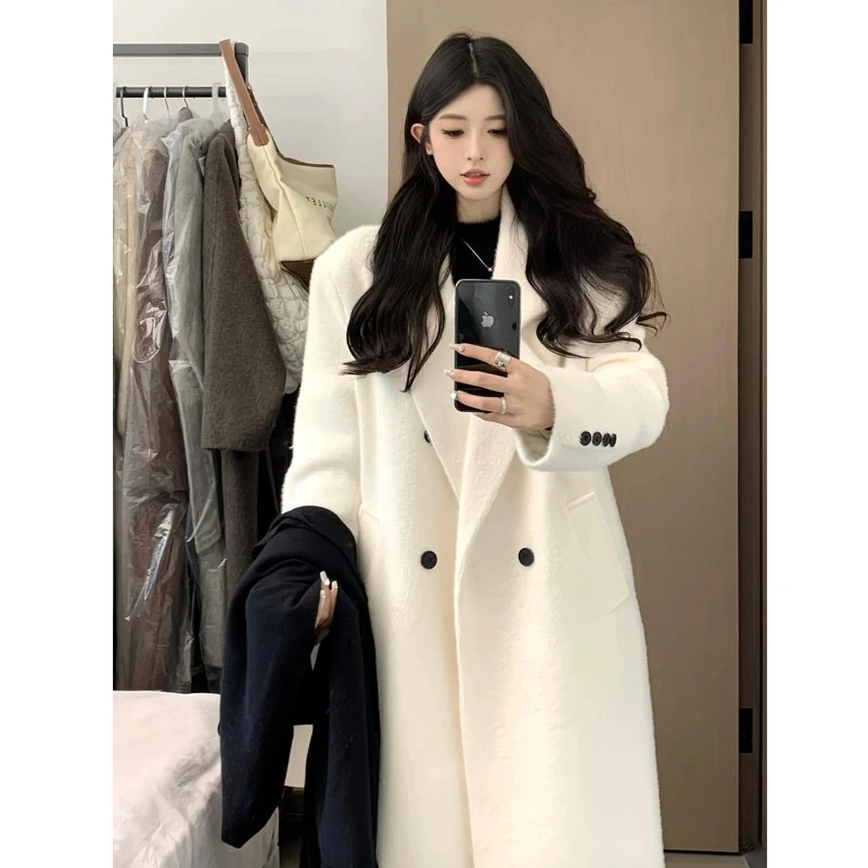 白色呢子大衣女2025新款秋冬高级感毛呢外套韩系小个子中长款加厚