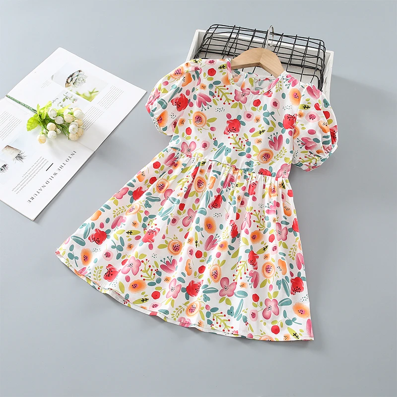 夏季新款女童连衣裙裙子花朵纯棉圆领泡泡袖宝宝连衣裙可爱童装裙