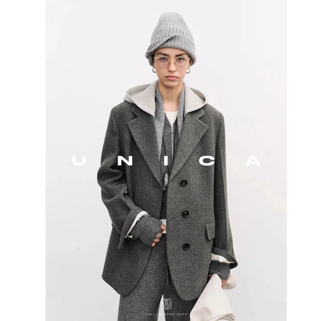 UNICA/假两件可拆卸卫衣帽_定纺加厚混色羊毛呢知识分子西装外套