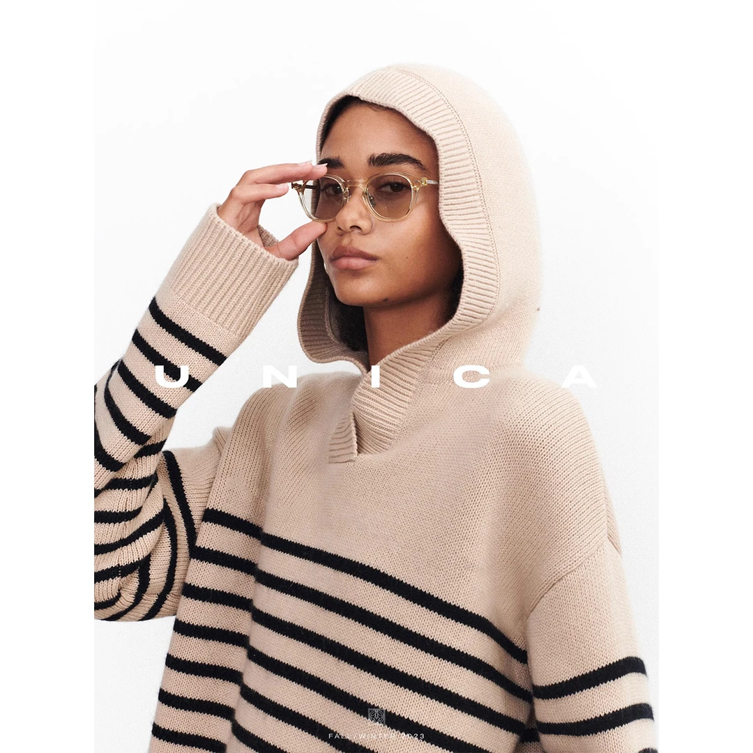 UNICAINS博主人手一件_重磅加厚羊毛羊绒_条纹高领连帽廓形毛衣