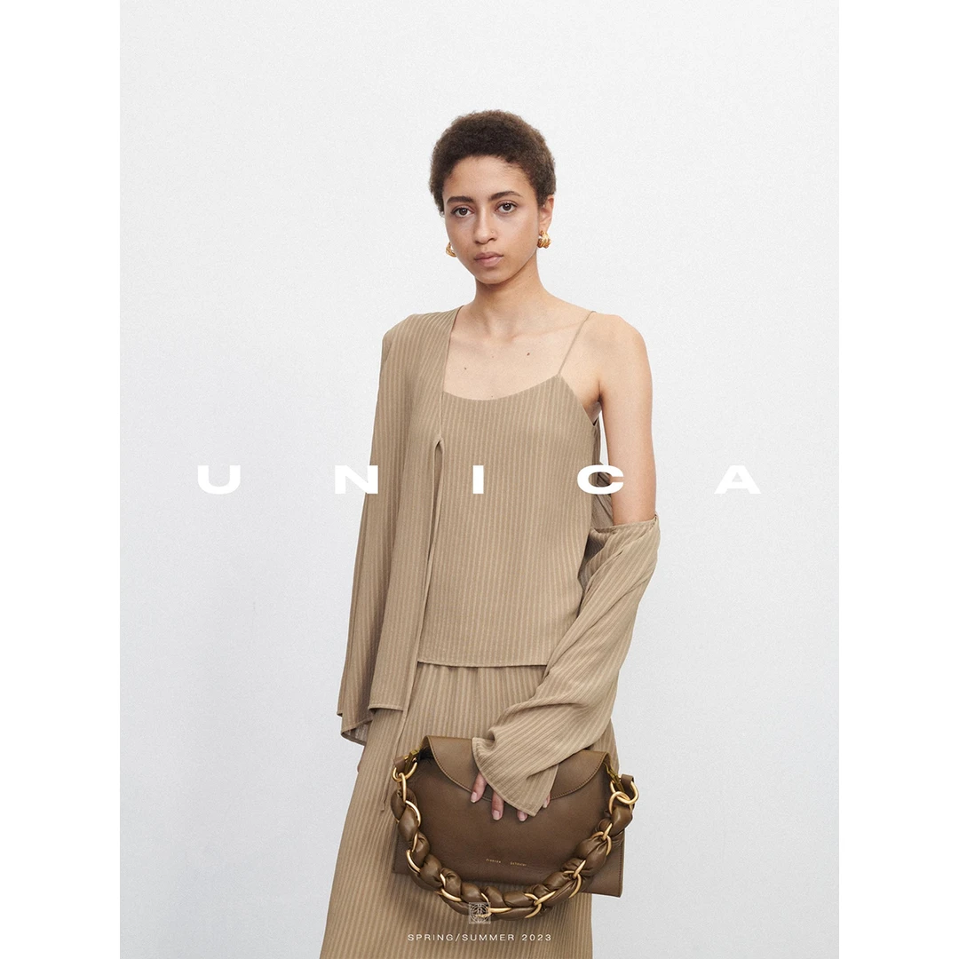 UNICA及简R0W风_定纺6A级白厂丝条纹肌理真丝吊带上衣半身裙套装