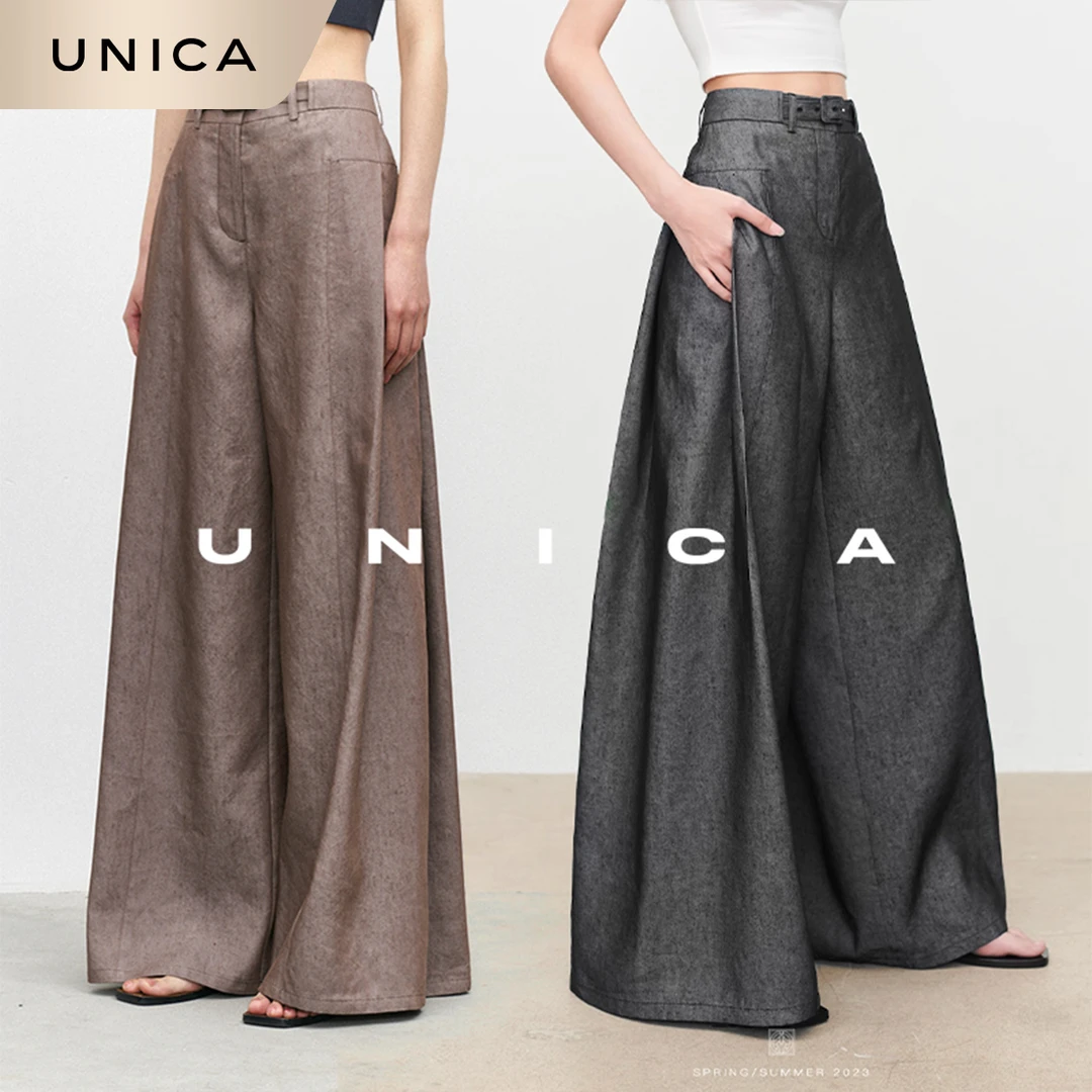 UNICAB败特殊侧褶分割_韩国进口强捻亚麻混纺高腰阔腿裤