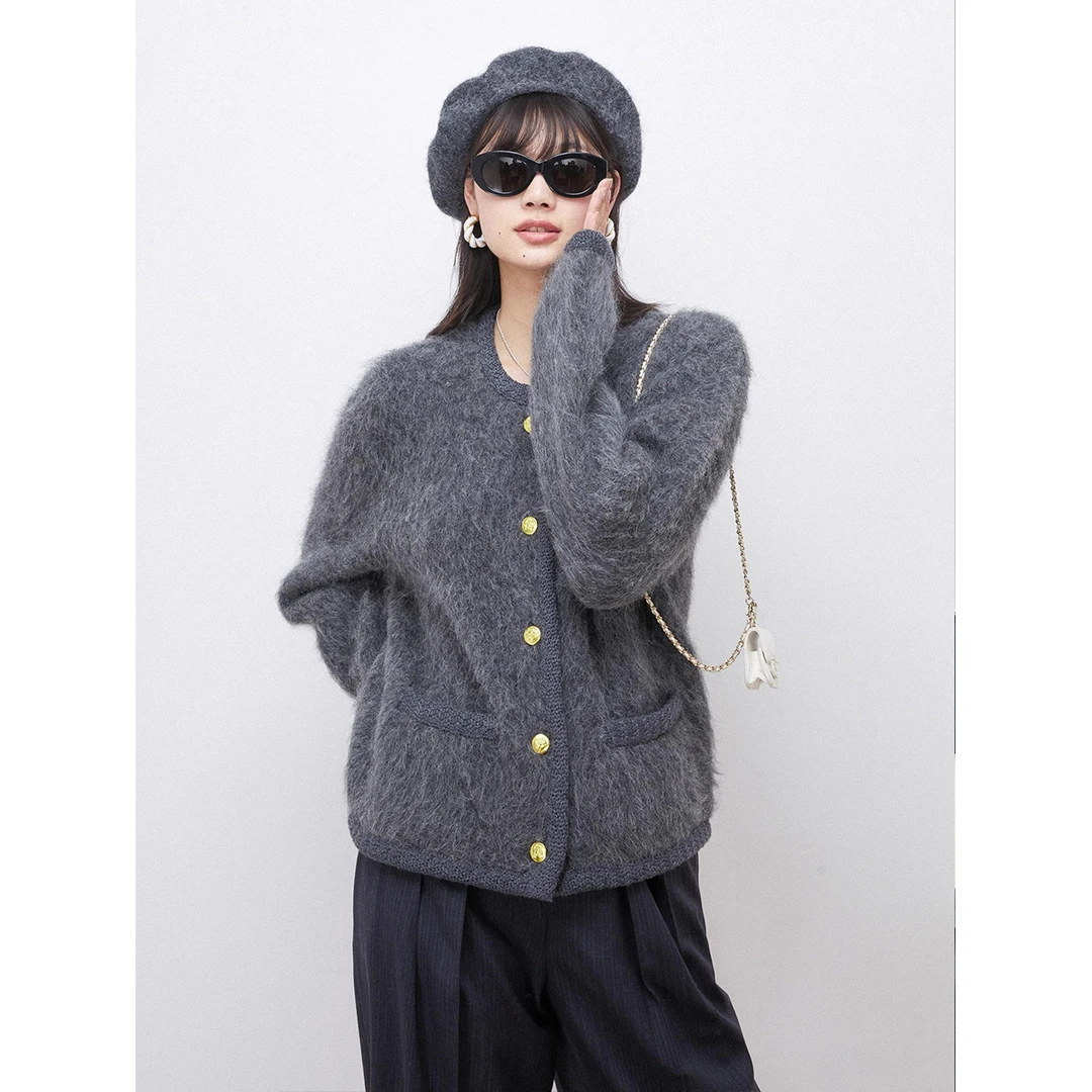 UNICA【现货】定纺Alpaca超长羊驼毛蓬松柔软松身小香风针织外套