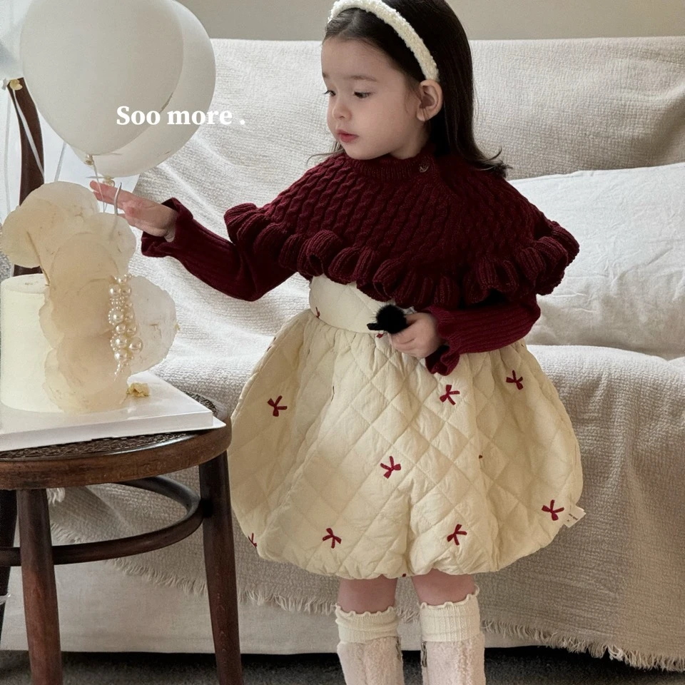 （直播间扣号链接）红色喜庆裙子两件套针织披风蝴蝶结连衣裙周岁服