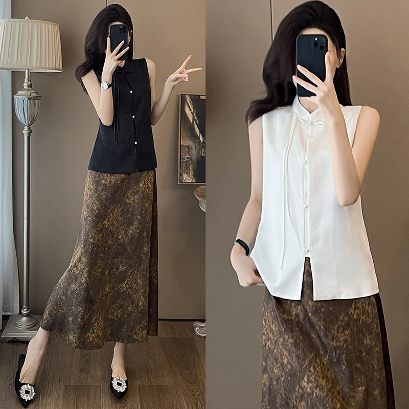 高档新中式国风套装女2025夏季薄款盘扣立领提花背心马甲半身裙