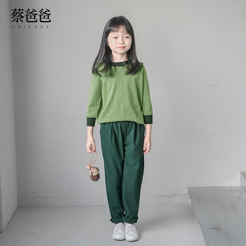 蔡爸爸童装2024款秋冬装中大童男女长裤绿色百搭休闲裤1293+1312