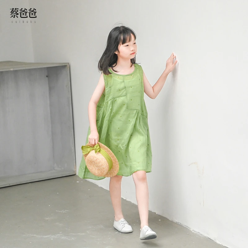 蔡爸爸原创童装2025文艺夏装绿色苎麻裙女大童少女无袖连衣裙328