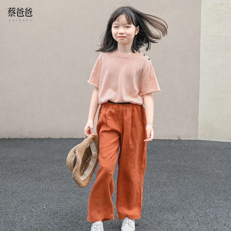 蔡爸爸原创童装女大童粉色上衣时尚夏装圆领短袖针织上衣026+781