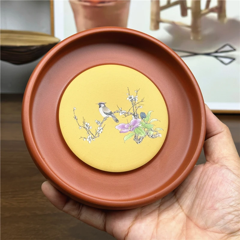 潮州朱泥干泡台壶托壶承紫砂干泡盘中式圆形简约花鸟壶垫茶托盘
