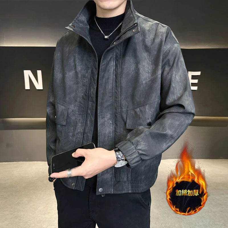 冬装男士加绒加厚皮衣时尚潮流痞帅休闲复古百搭冬季保暖皮衣外套