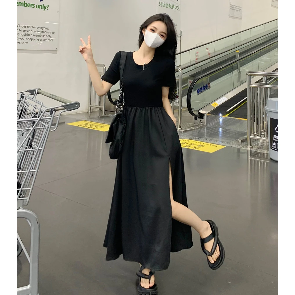 赫本风法式高级感气质开叉长裙大码女神范黑色连衣裙a字裙子胖mm