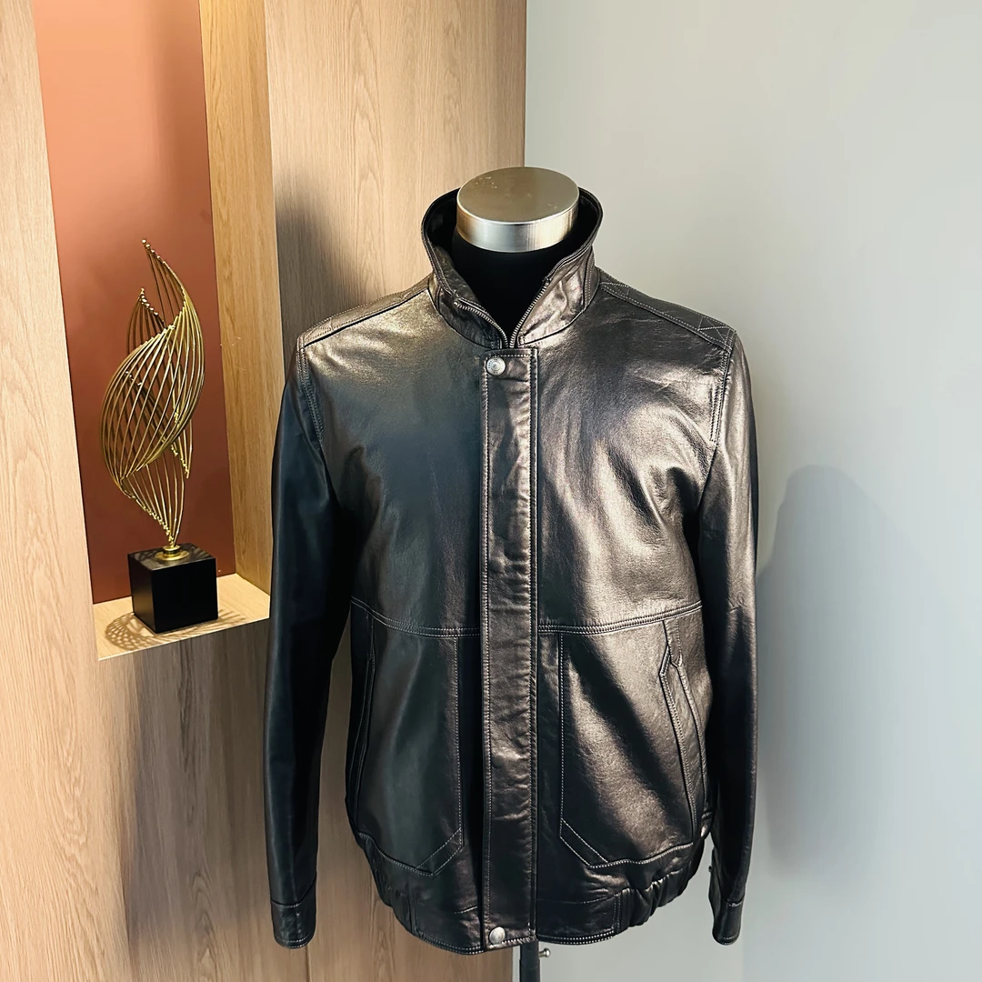 顶奢头层进口小山羊真皮男装立翻领男装真皮夹克黑色春秋