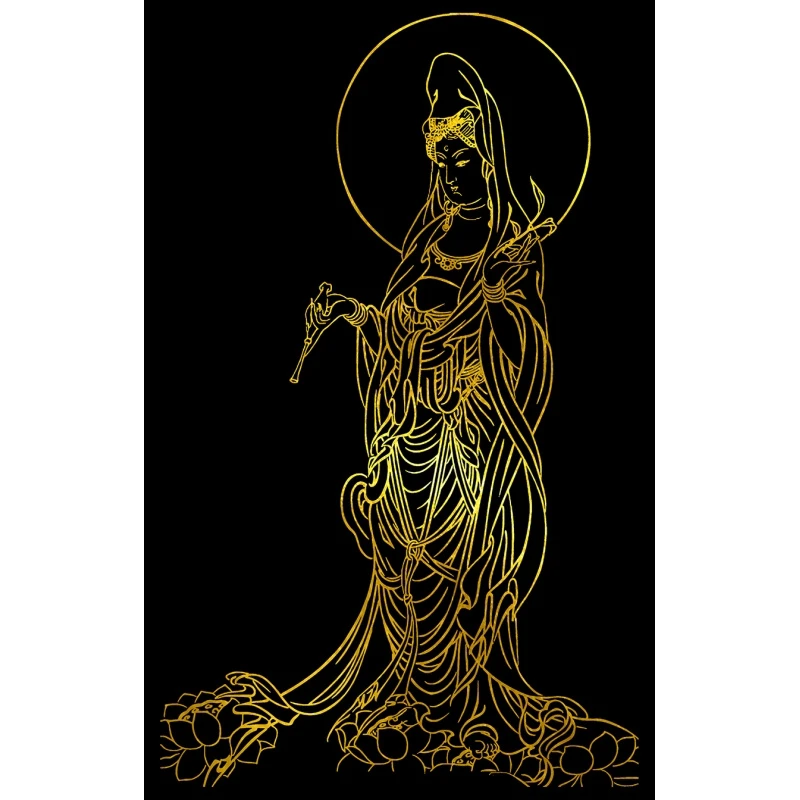 观音菩萨描金画稿|静心减压|佛像涂色线稿|DIY手绘填色装饰油画|