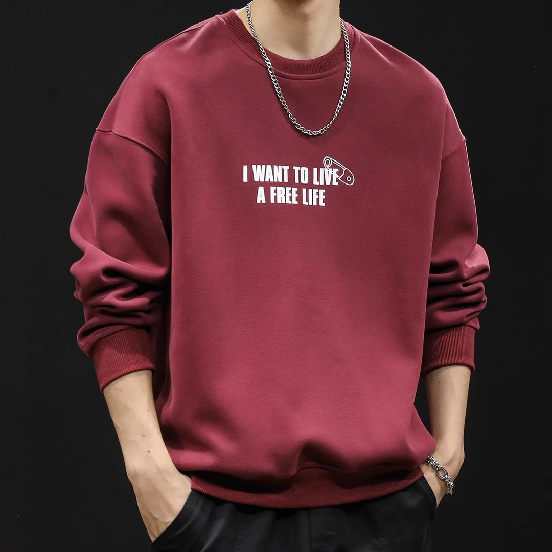 潮牌重磅卫衣男士秋冬款圆领男款酒红色衣服春季2025新款长袖大码