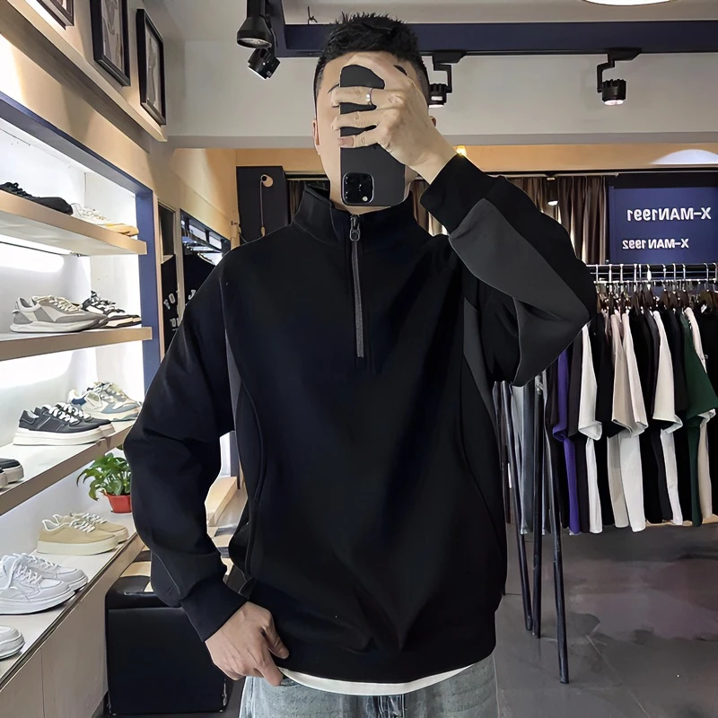 拼接半拉链卫衣男春秋季2025新款宽松百搭潮流套头立领外套上衣男