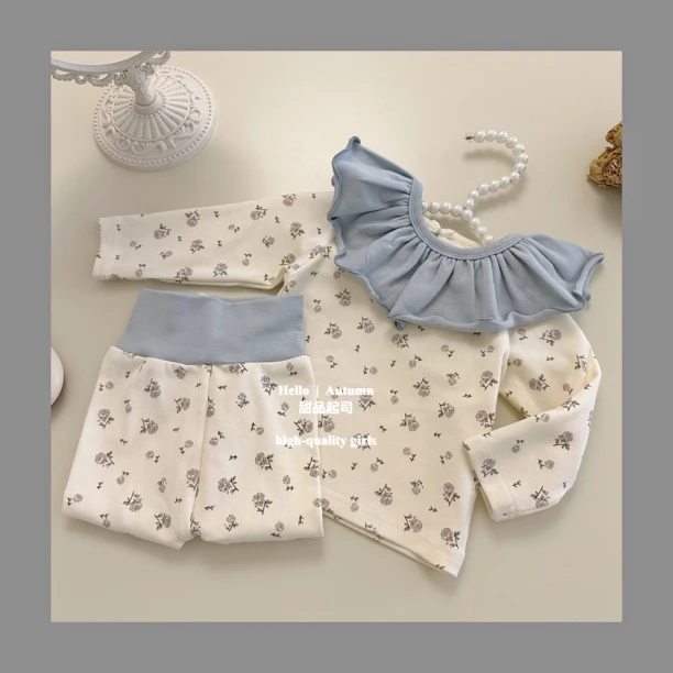 【甜品起司】韩系女宝宝碎花纯棉上衣长裤口水巾秋冬三件套装家居服