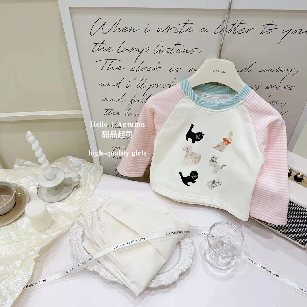 【甜品起司】韩国童装女宝条纹插肩袖卡通小动物印花T恤休闲裤套装