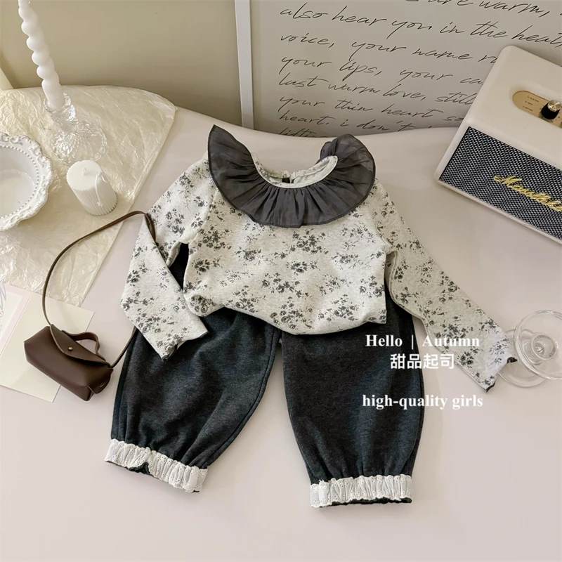 【甜品起司】韩国童装女宝宝花边荷叶法式碎花上衣灰色卫裤套装
