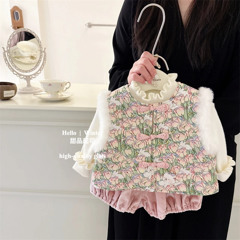 【甜品起司】繁花似锦！女童兔子旗袍背心裙+马甲短裤甜美拜年服