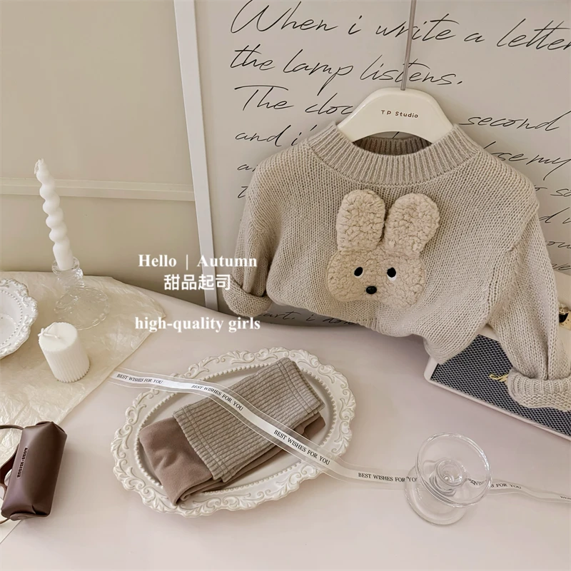 【甜品起司】可爱兔子！韩国童装女宝宝立体卡通毛衣堆堆打底裤套装