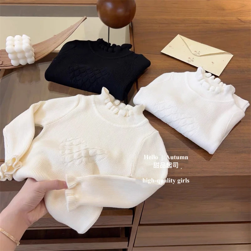 【甜品起司】女童木耳边毛衣2023新款秋季女宝宝纯色半高领打底衫