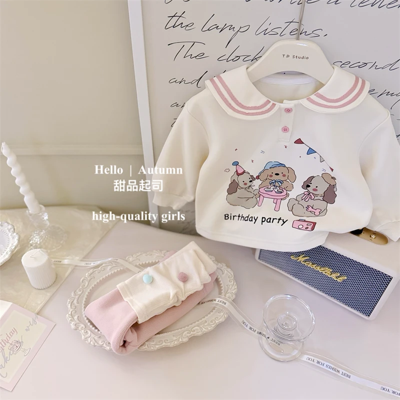 【甜品起司】超奶萌！韩国童装女宝宝印花狗狗翻领可爱卫衣裤子套装