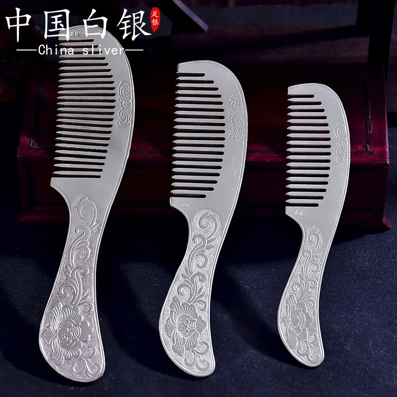 足银银制品 长柄银梳子纯银手工梳云南大理雪花银刮痧熟银纯银梳