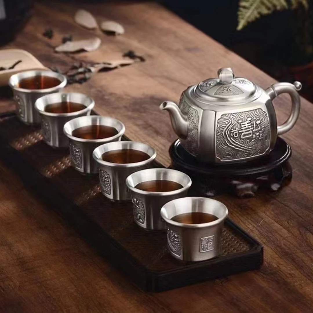 足银银制品 纯银茶具茶壶999足银熟银高档家用手工功夫泡茶壶茶杯
