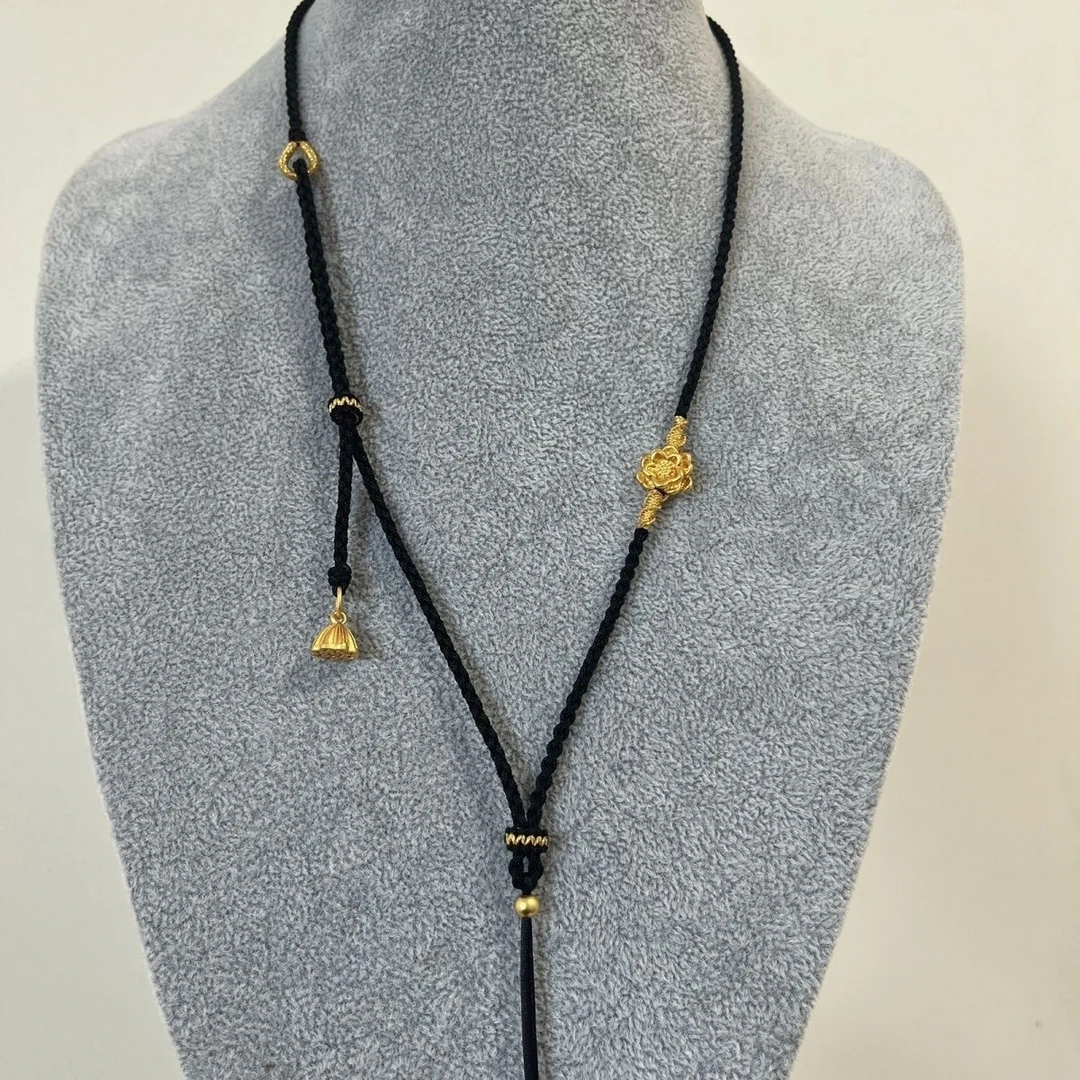 铜合金布艺项链 原创新款纯手工莲花项链可调节毛衣链时尚百搭