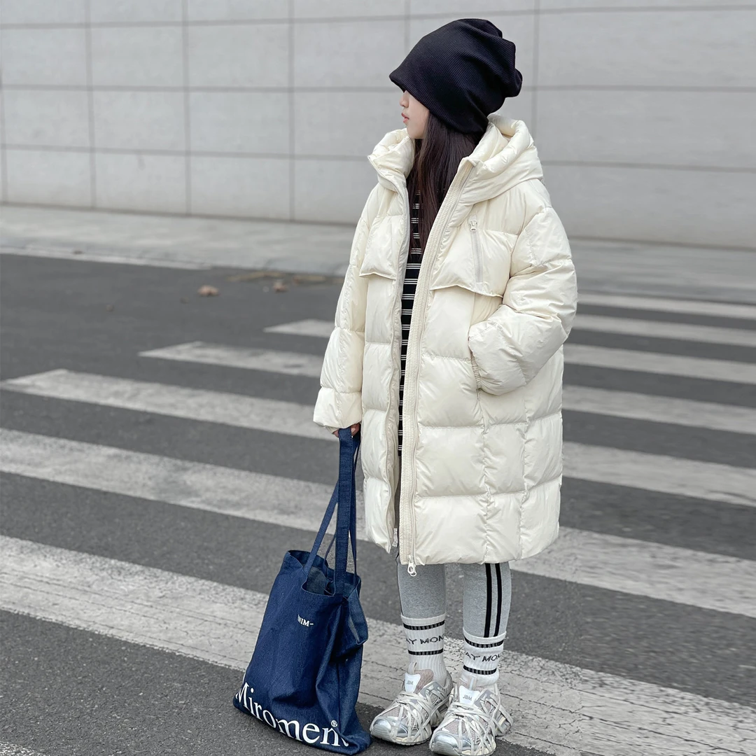 儿童羽绒服2024年冬季新款女童中大童连帽中长款加厚白