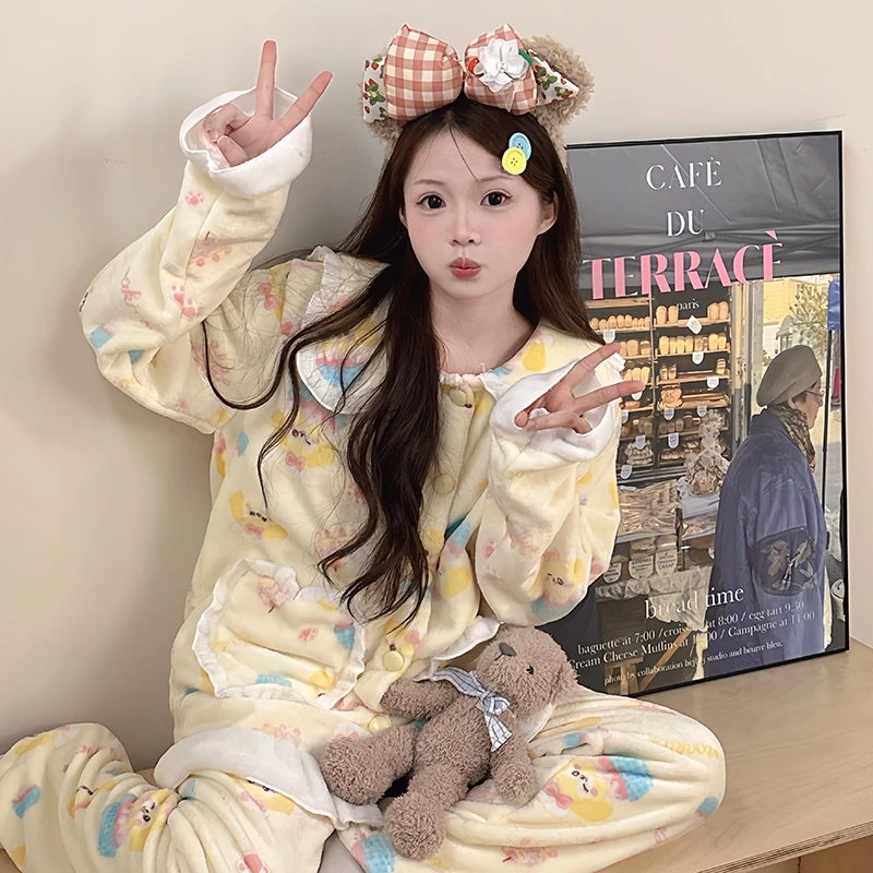 卡通软妹少女黄油饼饼睡衣秋冬季加绒加厚花边可爱学生家居服套装
