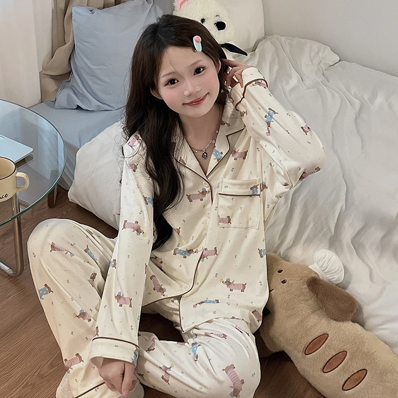 碎花腊肠狗网红德绒睡衣女款秋冬季2024年新款加绒家居服两件套装