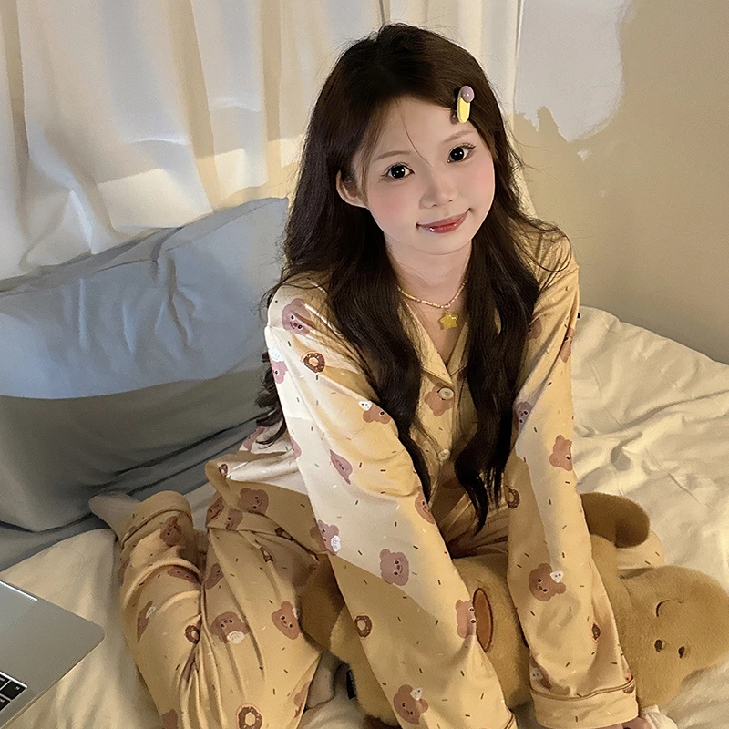韩国黄油小熊德绒睡衣女秋冬季2024年新款加厚可爱家居服两件套装