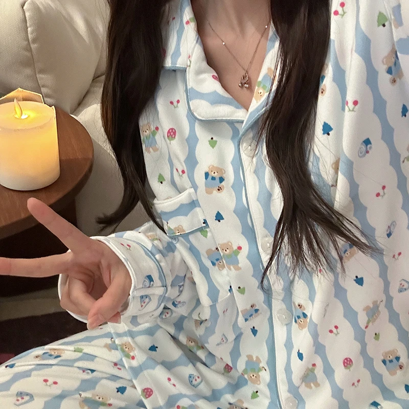 日系ins风条纹背带熊韩版睡衣女款德绒磨毛保暖秋冬季家居服套装