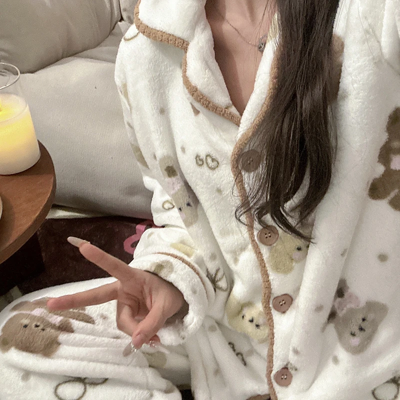 2024年新款栗棕熊熊日系卡通睡衣女秋冬季加绒加厚家居服ins套装