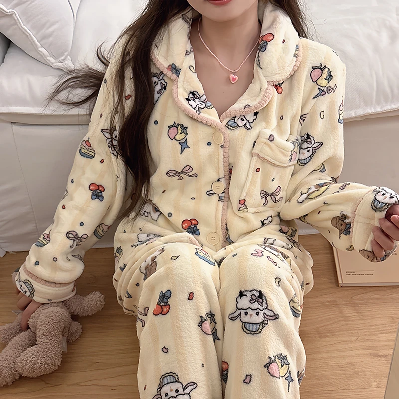 绵羊咩咩秋冬季天女士睡衣法兰套装2024新款珊瑚绒加绒加厚家居服