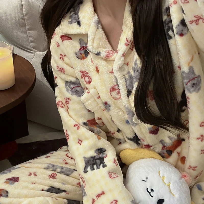 ins韩国芝士狗狗珊瑚绒睡衣女冬季加绒加厚高级感甜妹家居服套装