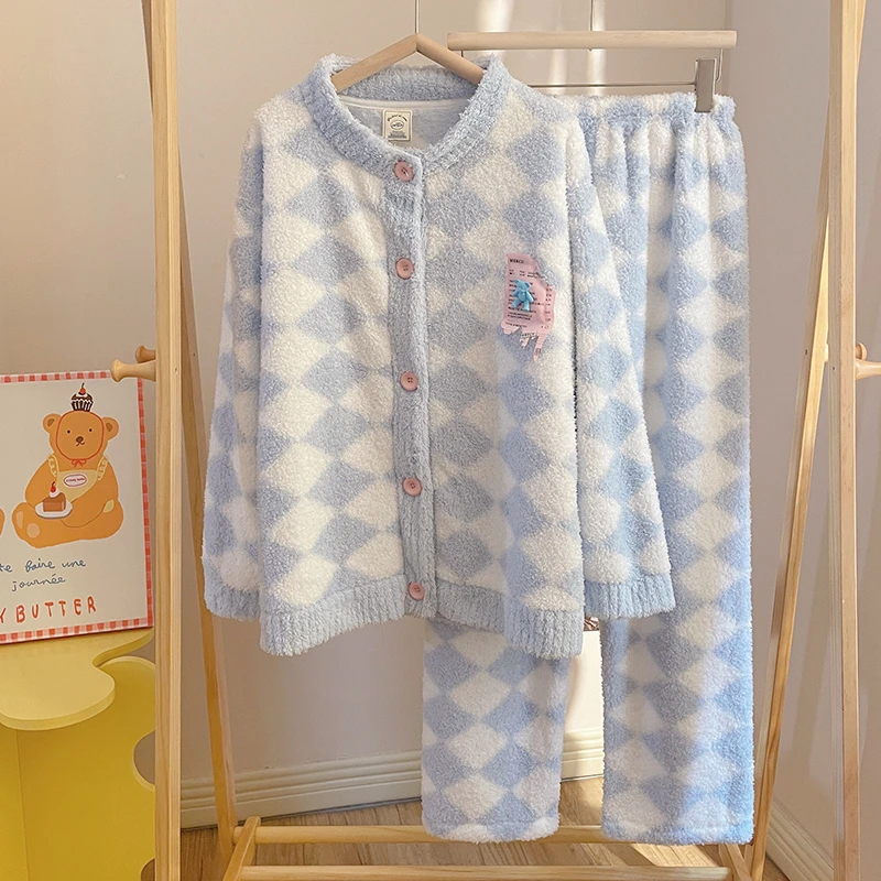 冬季日系格子软绵绵半边绒睡衣女秋冬甜美可爱保暖加厚甜美家居服