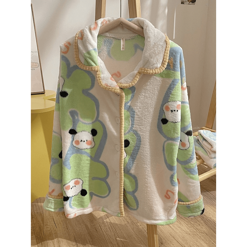 『抹茶绿帕恰狗』日系睡衣女秋冬季加绒加厚可爱珊瑚绒毛绒家居服