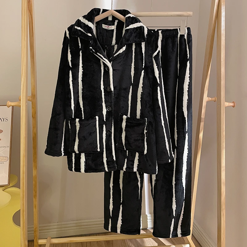 韩国高级竖条纹高级情侣睡衣男女秋冬季加绒加厚毛绒家居服两件套