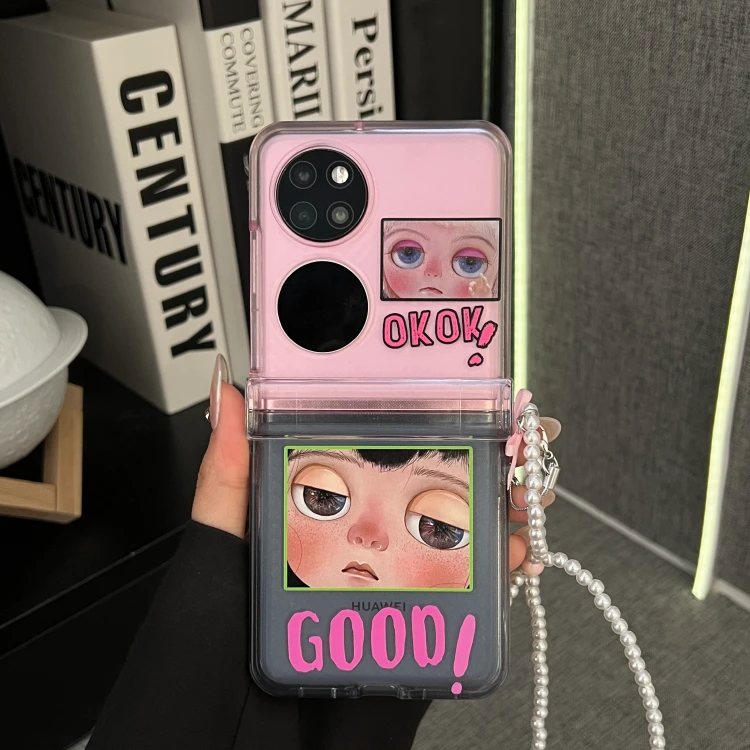 韩风透明个性插画女孩珍珠挂件适用于华为pocket2手机壳全包