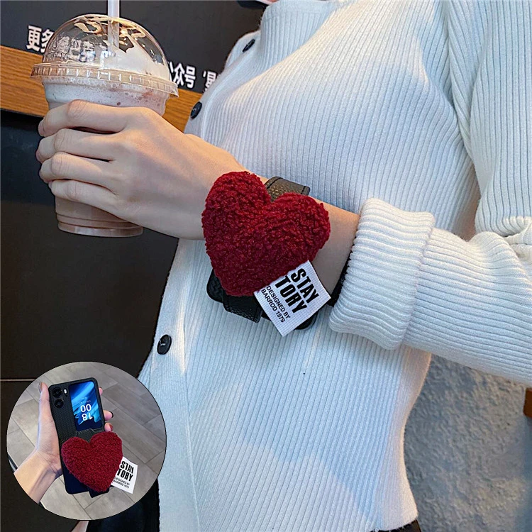 酒红毛绒爱心腕带适用oppofindn3/n2flip手机壳华为p50pocket