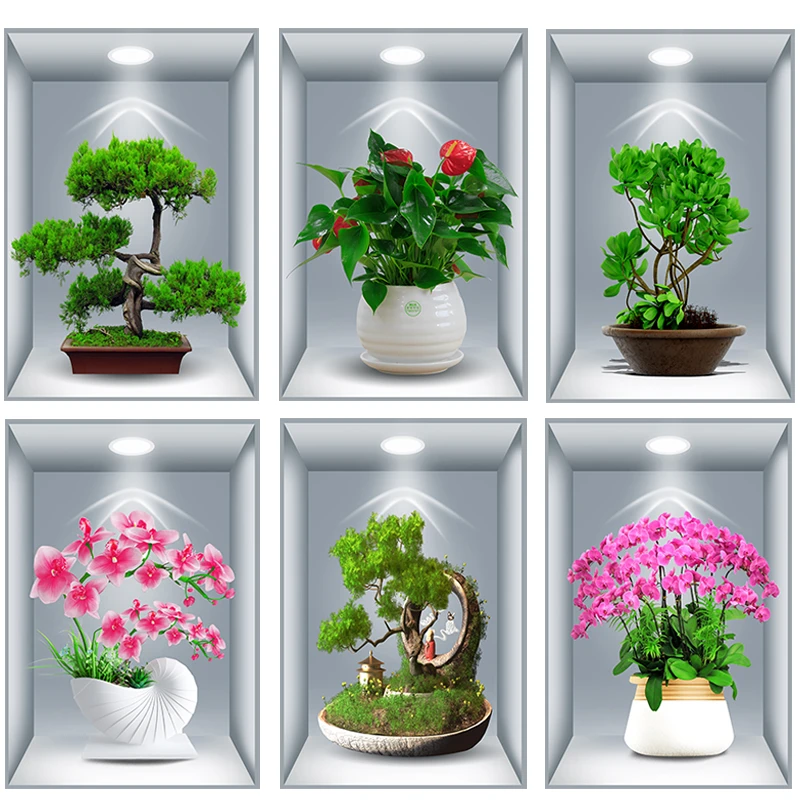 植物花卉三联画3D立体盆栽贴画过道楼梯装饰画宾馆餐厅壁画自粘画
