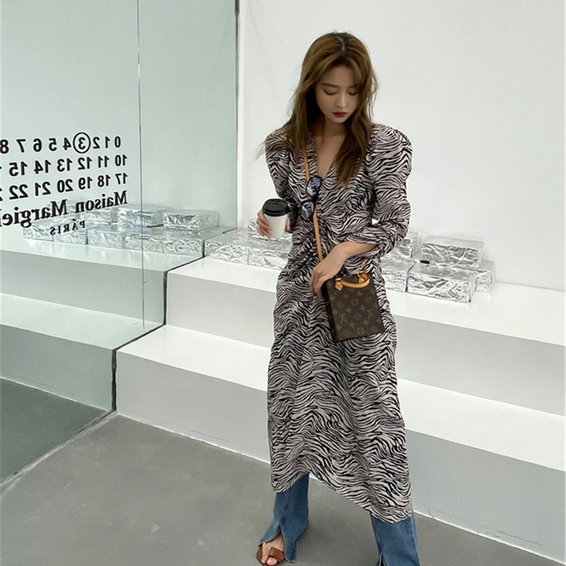 LAMPS时尚轻奢夏季收腰法式气质碎花斑马纹宽松连衣裙女神裙