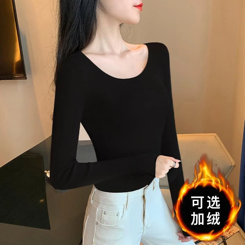 爆款黑色打底衫女内搭春秋冬2024新款低圆领加绒保暖修身高端上衣