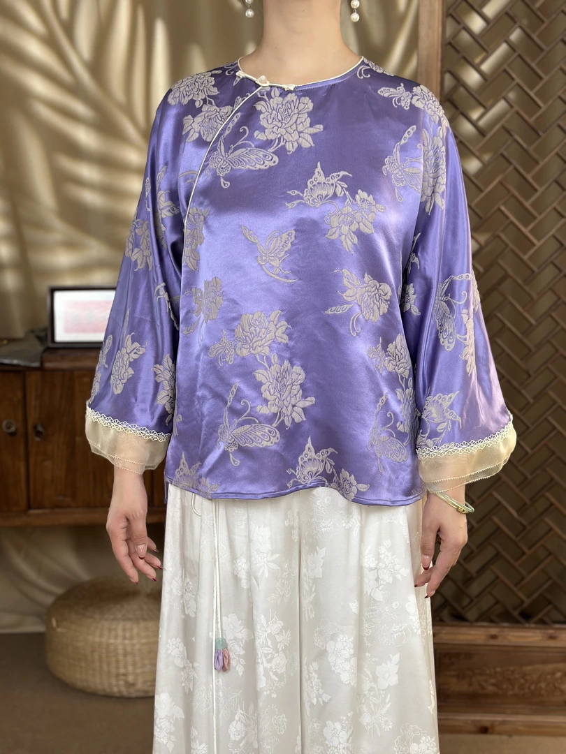 【暮山紫】2024新品上新真丝提花唐装轻奢上衣